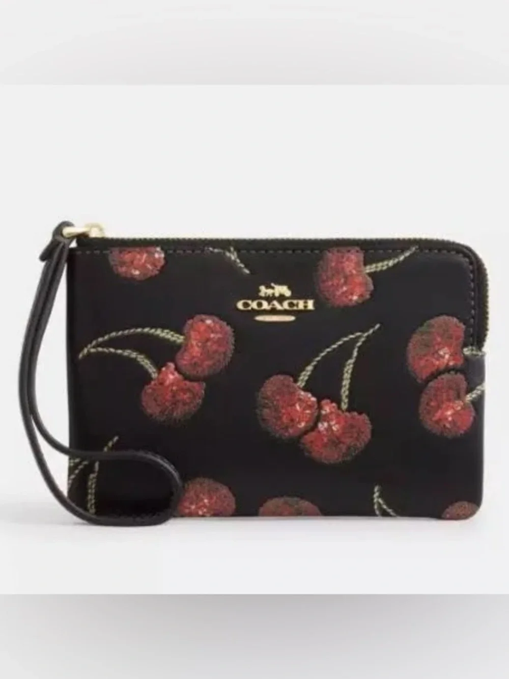 Coach corner zip wristlet cherry black gold hardware NEW